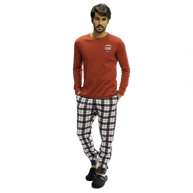 Pijama Barandi en algodón rojo con puños y pantalón de cuadros