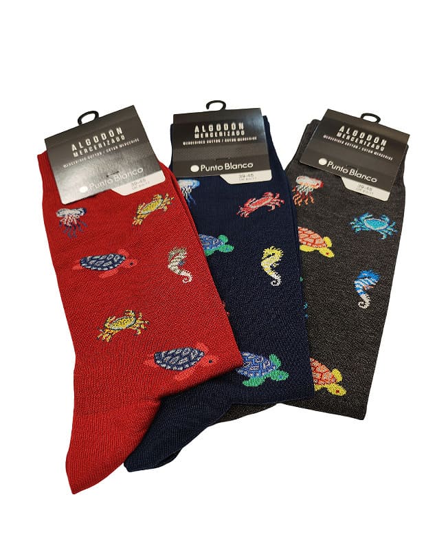 Calcetín Punto Blanco algodón verano animales marinos hombre, estilo divertido y fresco.