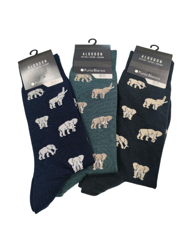 Calcetines Punto Blanco verano algodón elefantes hombre, diseño divertido e informal juvenil.