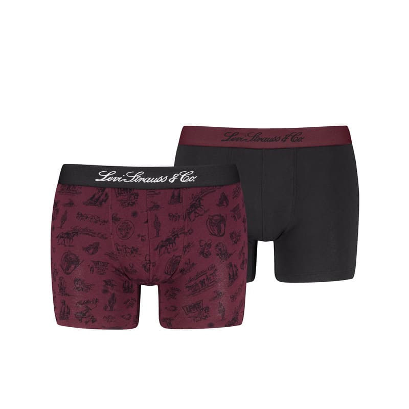 Descubre el Pack 2 Boxers Levi’s con estampado del Oeste en burdeos y otro liso negro.