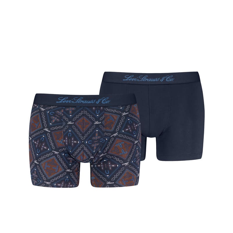 Dale un toque moderno con el Pack 2 Boxers Levi’s con estampado geométrico y otro liso en azul marino, con nueva cinturilla estilo retro Levi Strauss.