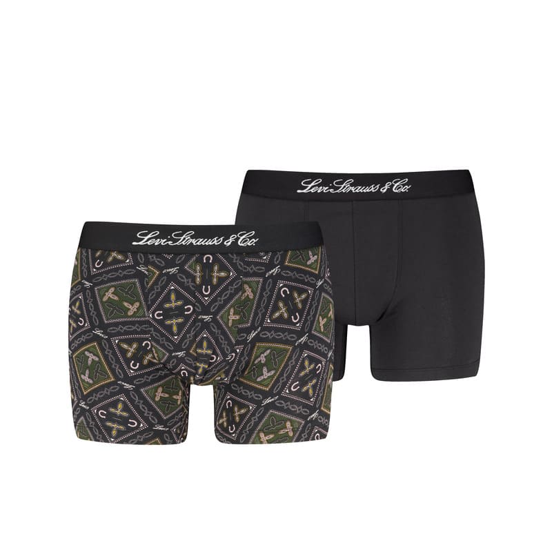 Atrévete con el Pack 2 Boxers Levi’s con estampado geométrico y otro liso en negro, con nueva cinturilla estilo retro Levi Strauss, pura personalidad.