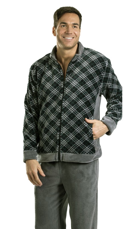 Pettrus Pijama polar de hombre con cuello pico y pantalón d cuadros  ajustable sin puños