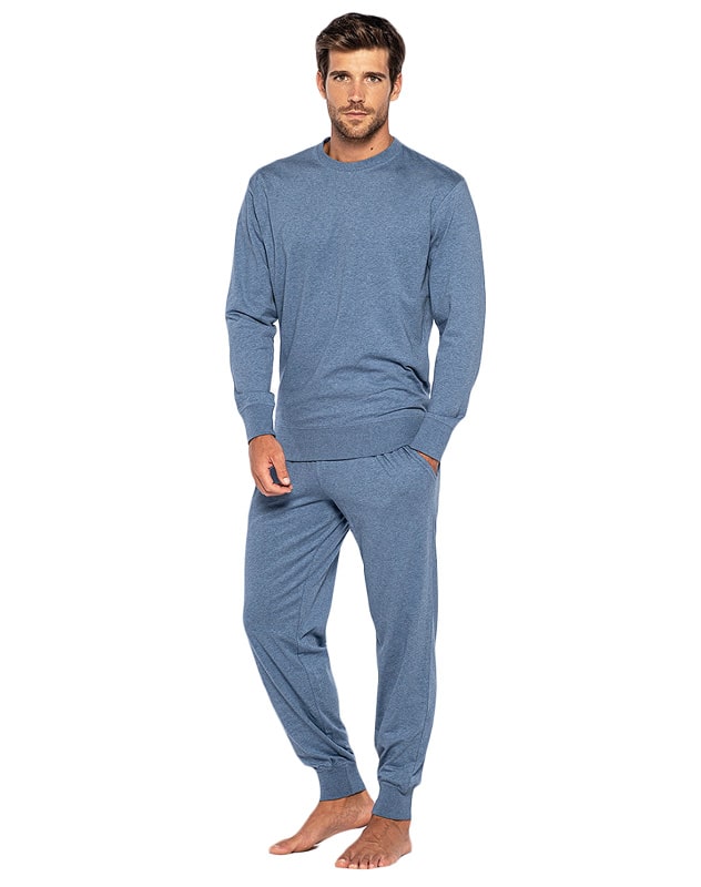 Pijama Punto Blanco Organix de Algodón en azul jaspeado con puños