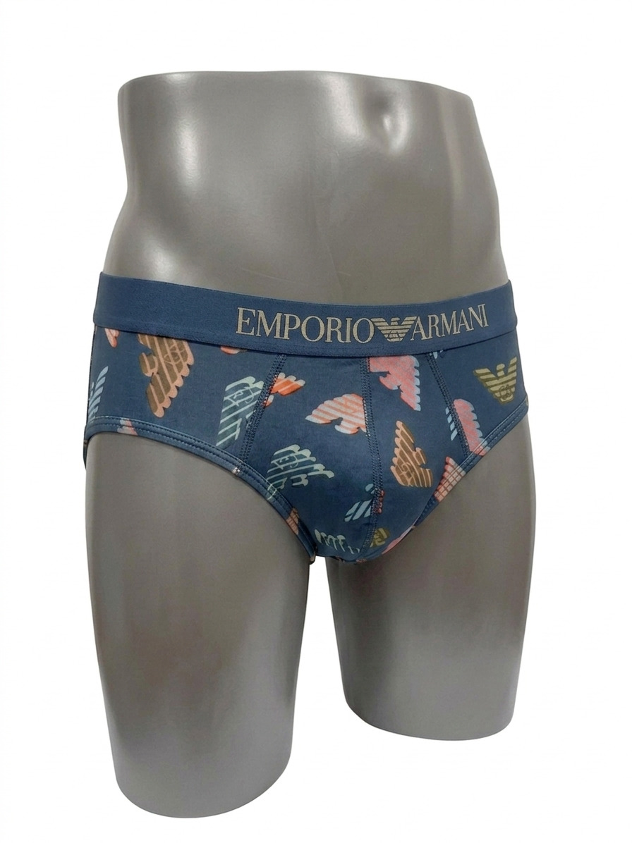 Slip Emporio Armani azul plomo para hombre con estampado de águilas en colores y cinturilla con logo