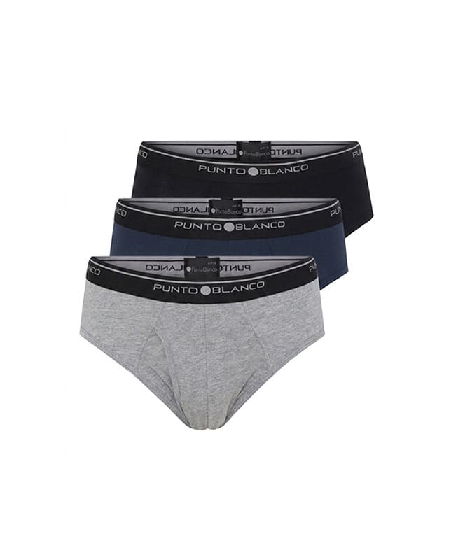 Pack de 3 slips Punto Blanco Basix hombre en azul marino gris y negro algodón elástico cómodo y transpirable