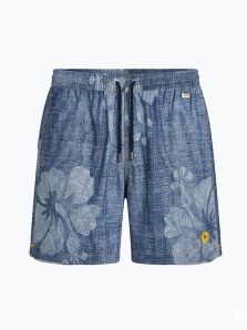 Elegante bañador largo David Atlantis azul denim floral con ajuste ergonómico perfecto.
