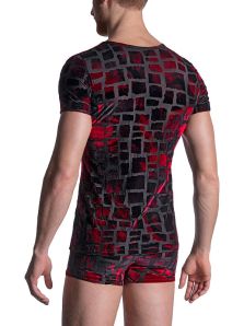 Camiseta Manstore en cuello pico de raso en negro y rojo