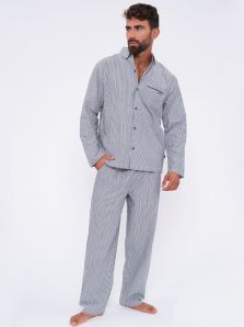Pijama Muydemi en tela a rayitas en gris y blanco