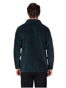 Vista trasera de la bata corta Massana para hombre en tejido polar verde oscuro con estampado de cuadros difuminados.