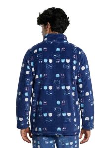 Vista trasera de la bata corta Muydemi para hombre, confeccionada en coralina con estampado juvenil de Comecocos.
