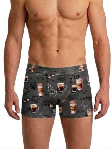 Boxer John Frank con estampado de tazas y vasos de café take away sobre fondo gris presentado en modelo para hombre
