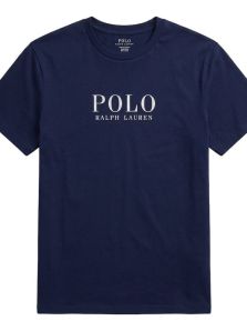 Camiseta básica azul marino de manga corta Polo Ralph Lauren extendida simétricamente sobre un fondo blanco limpio.