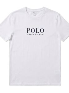 Camiseta básica blanca de manga corta Polo Ralph Lauren extendida y presentada sobre un fondo blanco limpio.