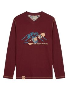 Camiseta de pijama para hombre de manga larga en color granate con diseño de snowboard de la marca Barandi.