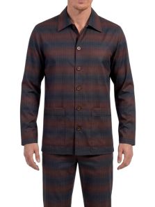 Chaqueta de pijama para hombre de manga larga, diseño a rayas burdeos y marino con botones.