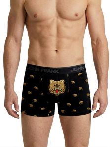 Primer plano del estampado de oso y costuras reforzadas del bóxer John Frank negro.