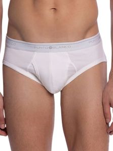 Detalle de bragueta lateral y cintura elástica en slip blanco Punto Blanco Basix hombre