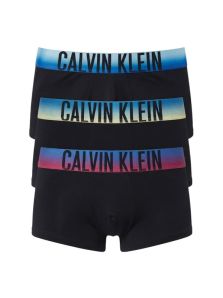 Pack de calzoncillos boxer Calvin Klein de microfibra en negro con cinturillas anchas en tonos azul, verde y magenta.