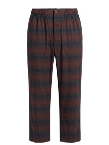 Pantalón de pijama de hombre a juego, diseño de rayas en tonos burdeos y azul marino.