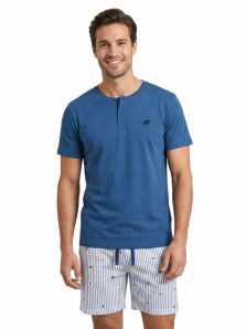 Pijama corto Dark Elephant hombre azul camiseta lisa y bermuda rayas