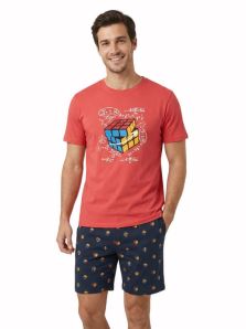 Pijama corto Dark Elephant hombre coral estampado cubos y pantalón azul marino