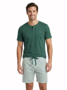 Pijama corto Dark Elephant hombre verde camiseta lisa y bermuda rayas