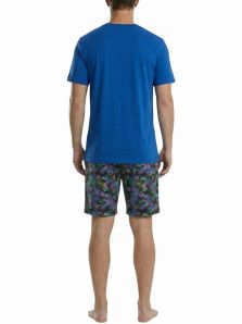 Vista trasera del pijama HOM Havana para hombre en algodón ligero con camiseta azul y pantalón estampado
