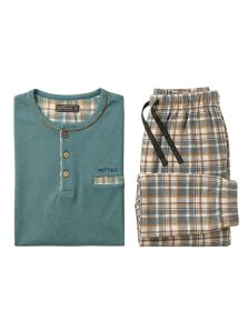 Pijama Pettrus de hombre en azul turquesa con pantalón de cuadros, un regalo práctico para otoño e invierno