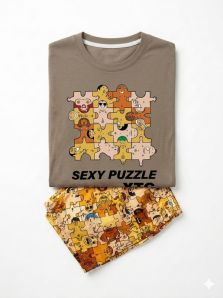 Pijama XTG Sexy Puzzle doblado con camiseta y pantalón corto estampado listo para venta online