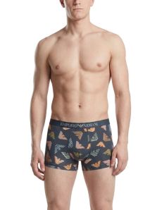 Ropa interior masculina premium Emporio Armani en color azul plomo con estampado moderno de águilas