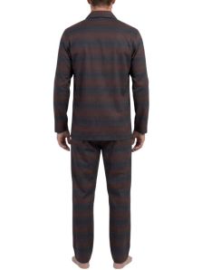 Vista trasera del conjunto de pijama para hombre, mostrando el corte en tonos burdeos y marino.